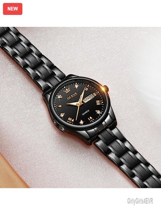 Gold Black White Dial Stainless Steel Quartz Date Day Watch Women Waterproof main image 7